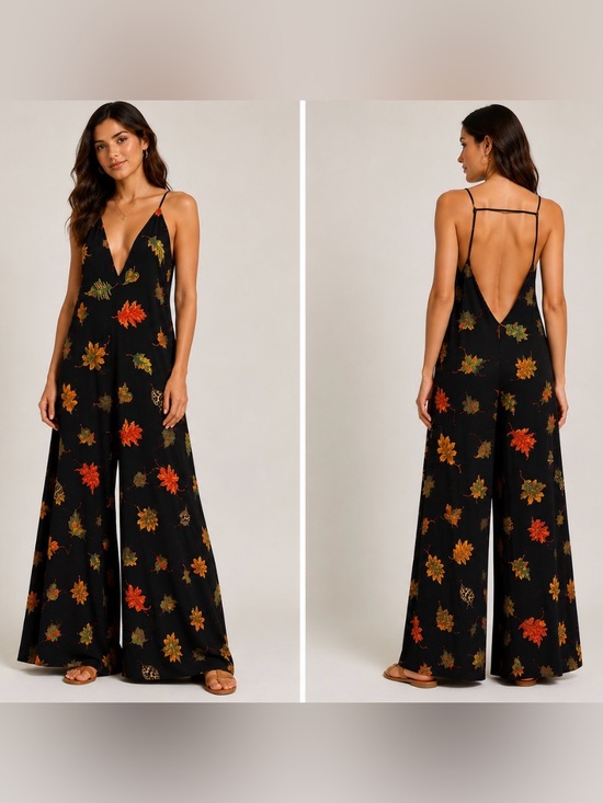 Reformation Pants - Reformation Autumn Leaf Print Wide Leg Jumpsuit One Size Made in USA Boho